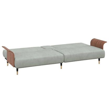 Sofá-cama com suportes para copos veludo cinzento-claro