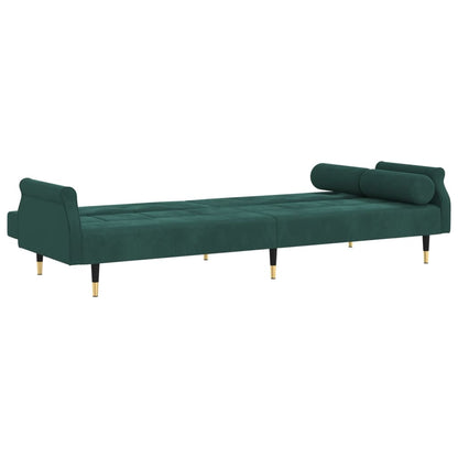 Sofa bed with dark green velvet cushions