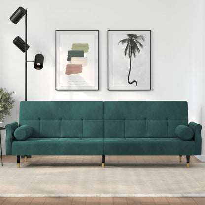 Sofa bed with dark green velvet cushions