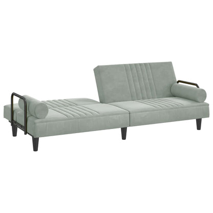 Light grey velvet sofa bed with armrests