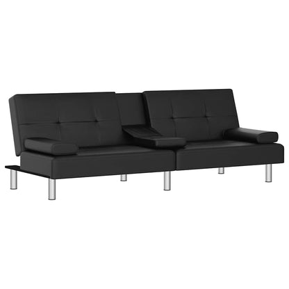 Sofá-cama com suporte para copos couro artificial preto