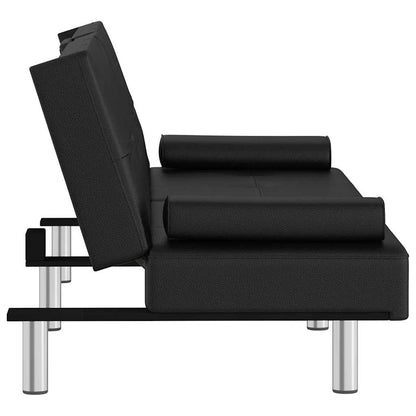 Sofá-cama com suporte para copos couro artificial preto