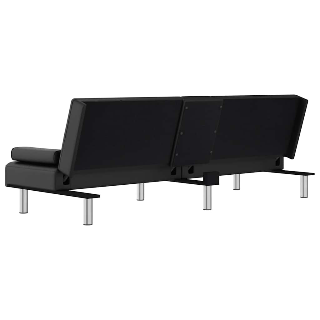 Sofá-cama com suporte para copos couro artificial preto