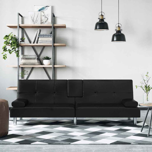 Sofá-cama com suporte para copos couro artificial preto