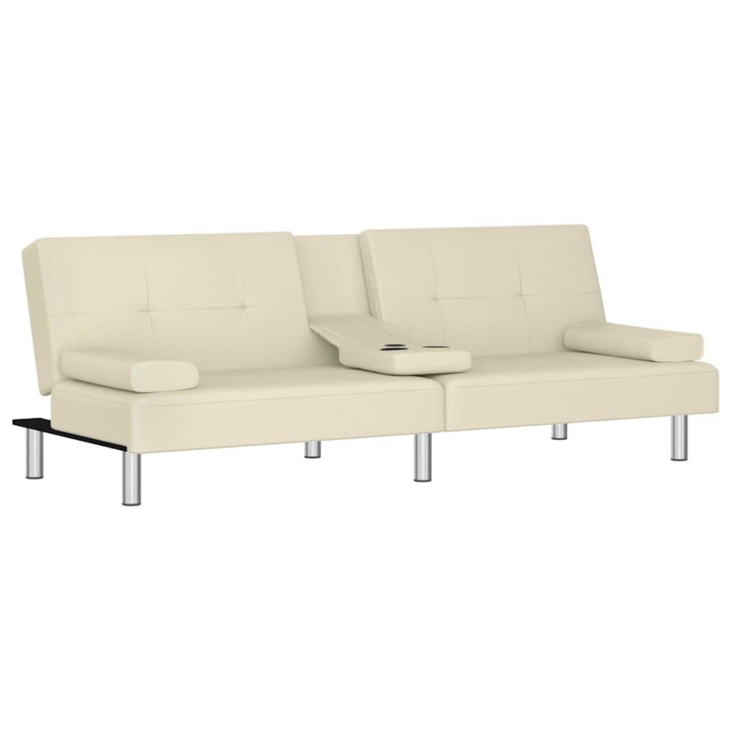 Sofá-cama com suporte para copos couro artificial cor creme
