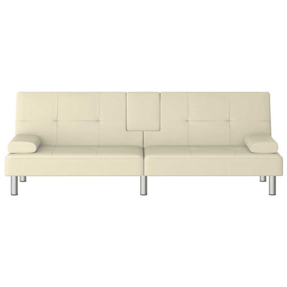 Sofá-cama com suporte para copos couro artificial cor creme