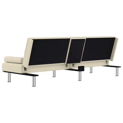 Sofá-cama com suporte para copos couro artificial cor creme