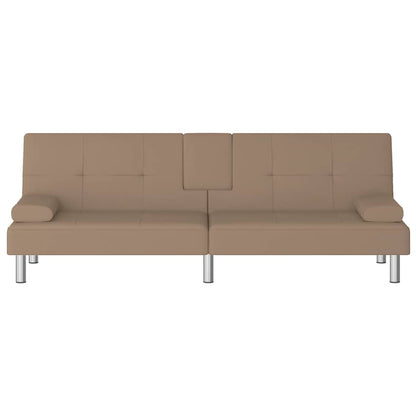 Sofa bed with cup holder in cappuccino-colored faux leather