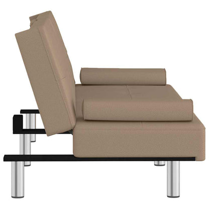 Sofa bed with cup holder in cappuccino-colored faux leather
