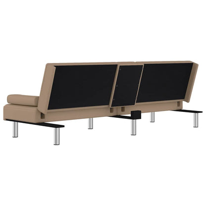 Sofa bed with cup holder in cappuccino-colored faux leather
