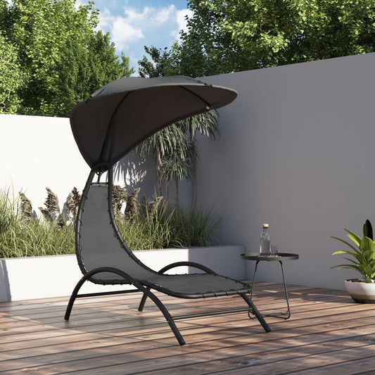 Sun lounger with canopy 167x80x195cm fabric and dark grey steel
