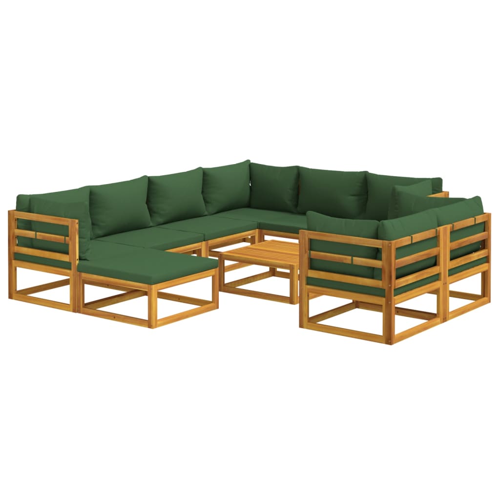 10 pcs conj. lounge jardim madeira c/almofadões verdes