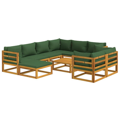 10 pcs conj. lounge jardim madeira c/almofadões verdes