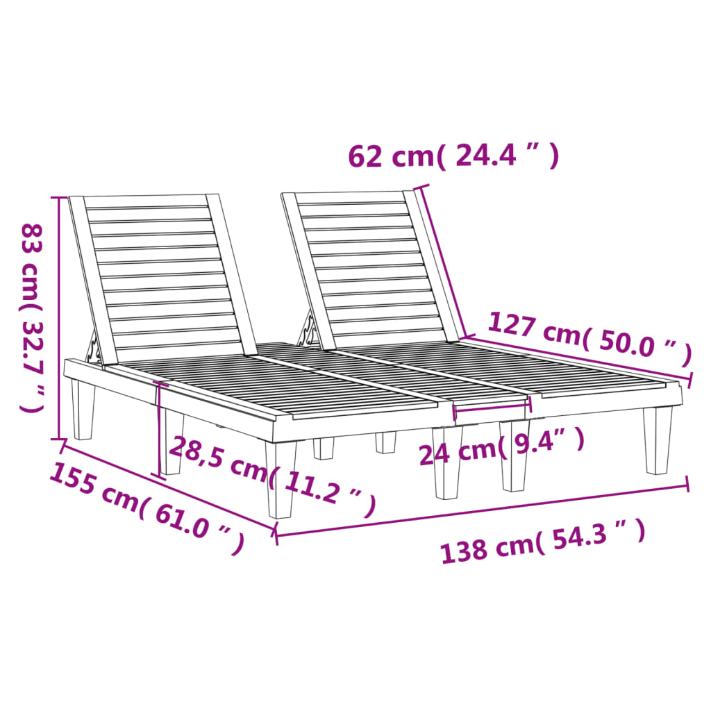 Double sun lounger 155x138x83 cm black polypropylene