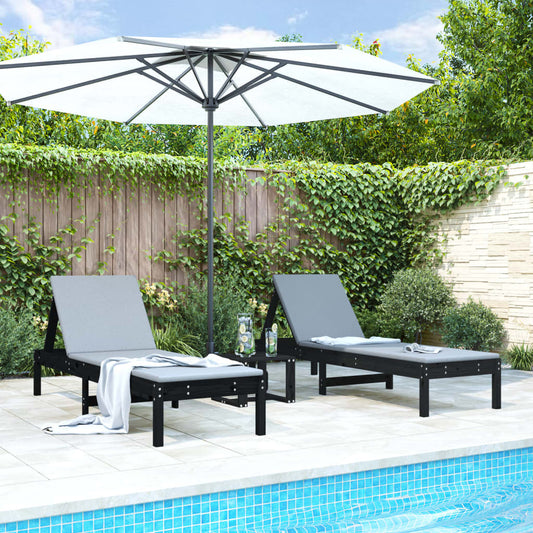 Sun loungers 2 pcs with table black solid pine wood