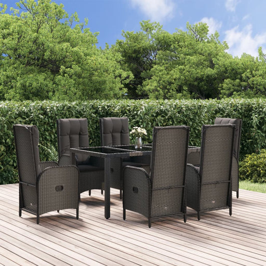 7 pcs conjunto jantar jardim c/ almofadões vime PE preto/cinza