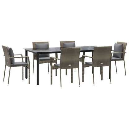 7 pcs conjunto jantar jardim c/ almofadões vime PE preto/cinza