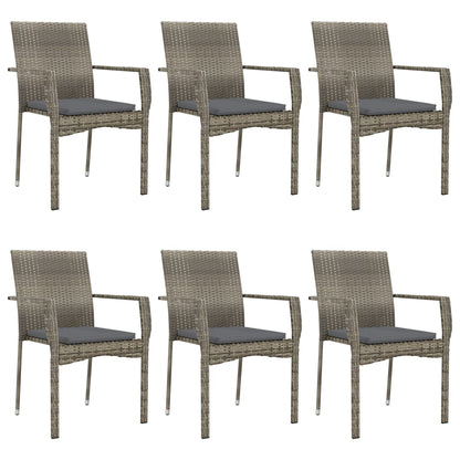 7 pcs conjunto jantar jardim c/ almofadões vime PE preto/cinza