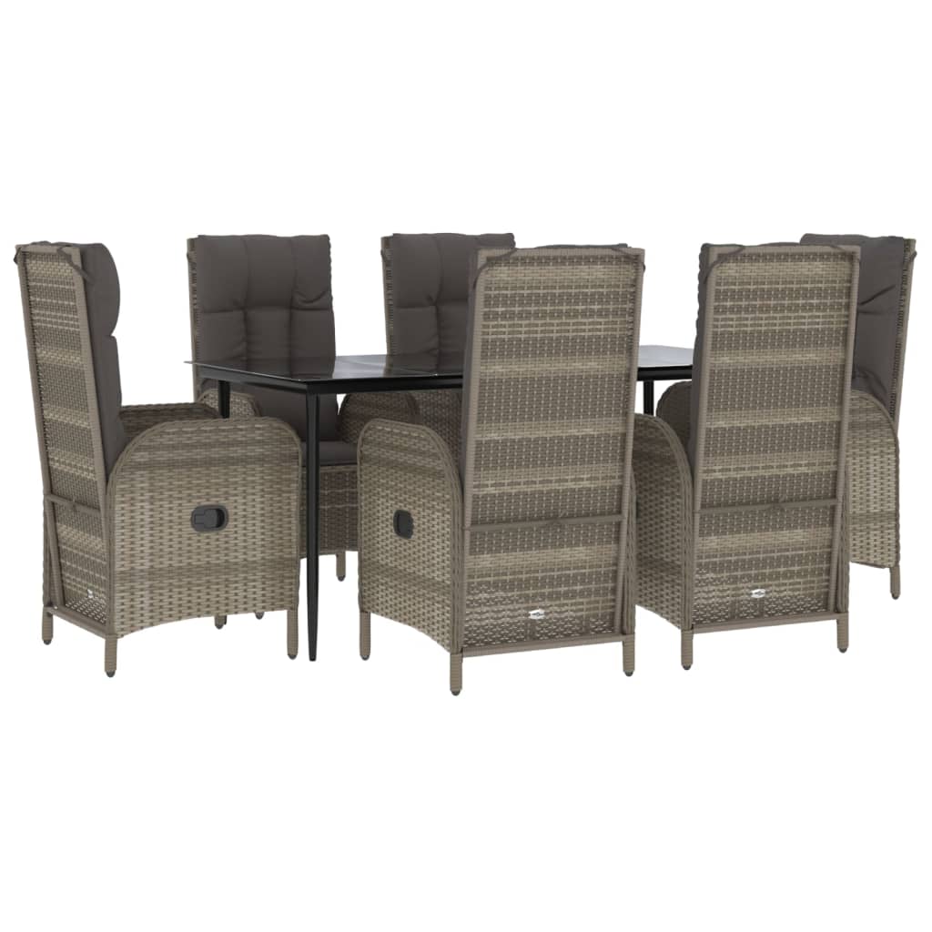 7 pcs conjunto jantar jardim c/ almofadões vime PE preto/cinza