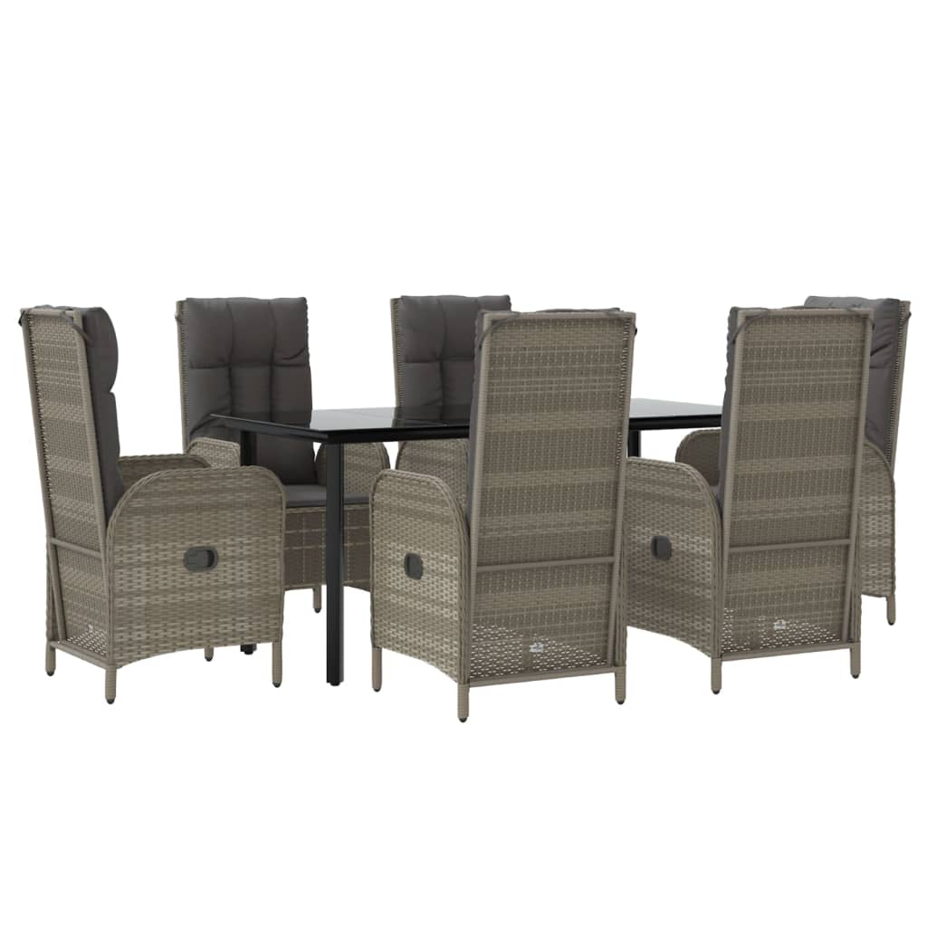 7 pcs conjunto jantar jardim c/ almofadões vime PE preto/cinza