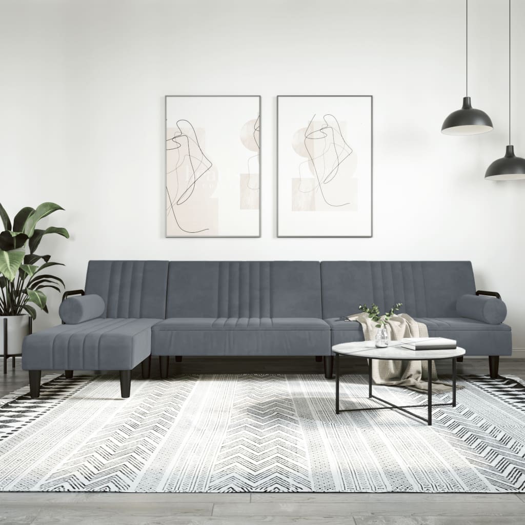 Sofá-cama em forma de L 260x140x70 cm veludo cinzento-escuro
