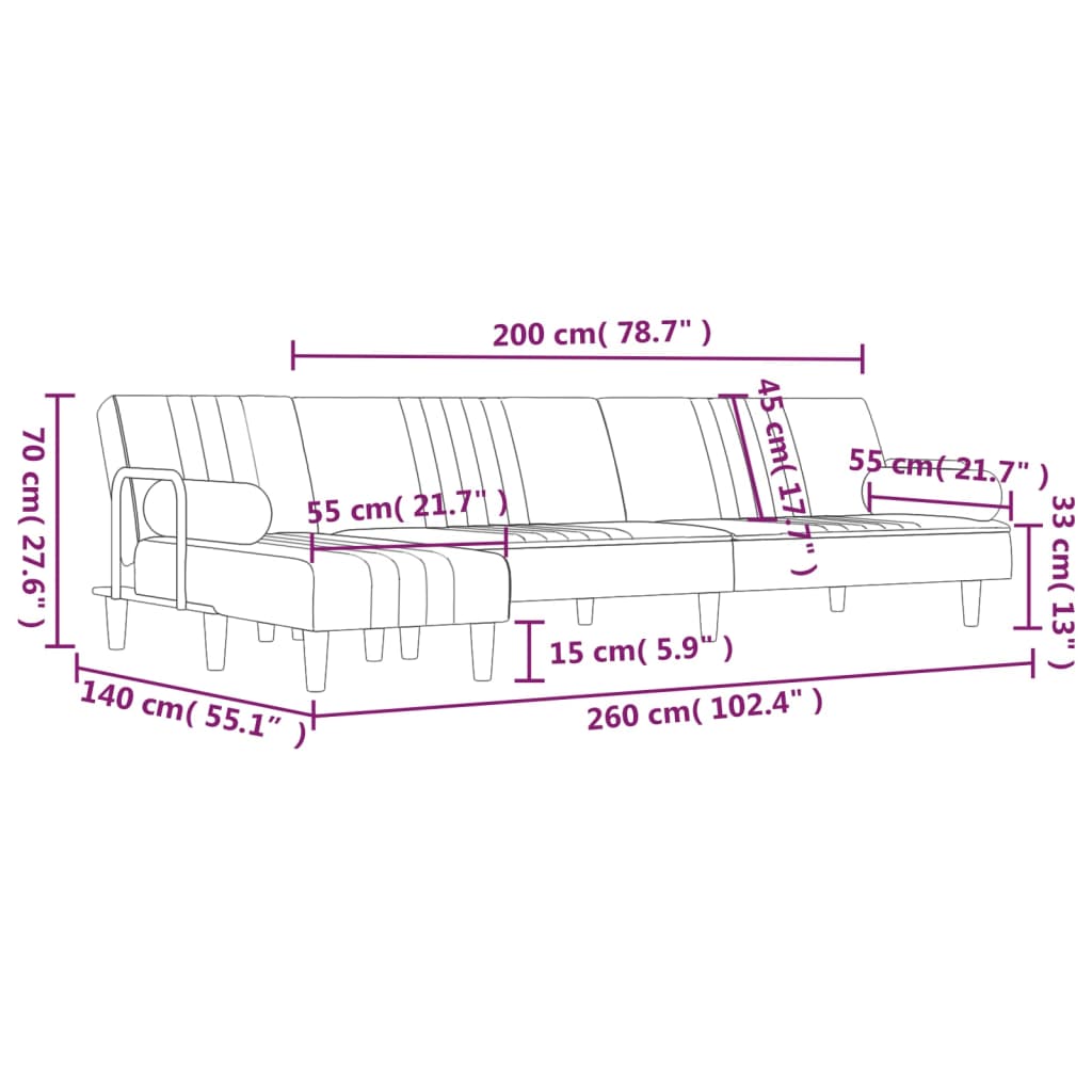 Sofá-cama em forma de L 260x140x70 cm veludo preto