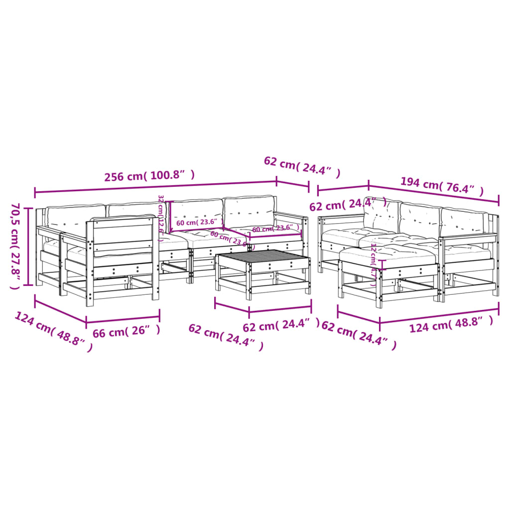 10 pcs conj. lounge jardim c/ almofadões madeira douglas maciça