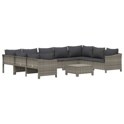10 pcs conjunto lounge de jardim c/ almofadões vime PE cinzento