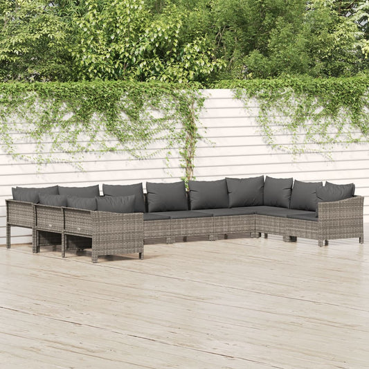 10 pcs conjunto lounge de jardim c/ almofadões vime PE cinzento