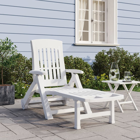 Folding sun lounger with wheels PP white