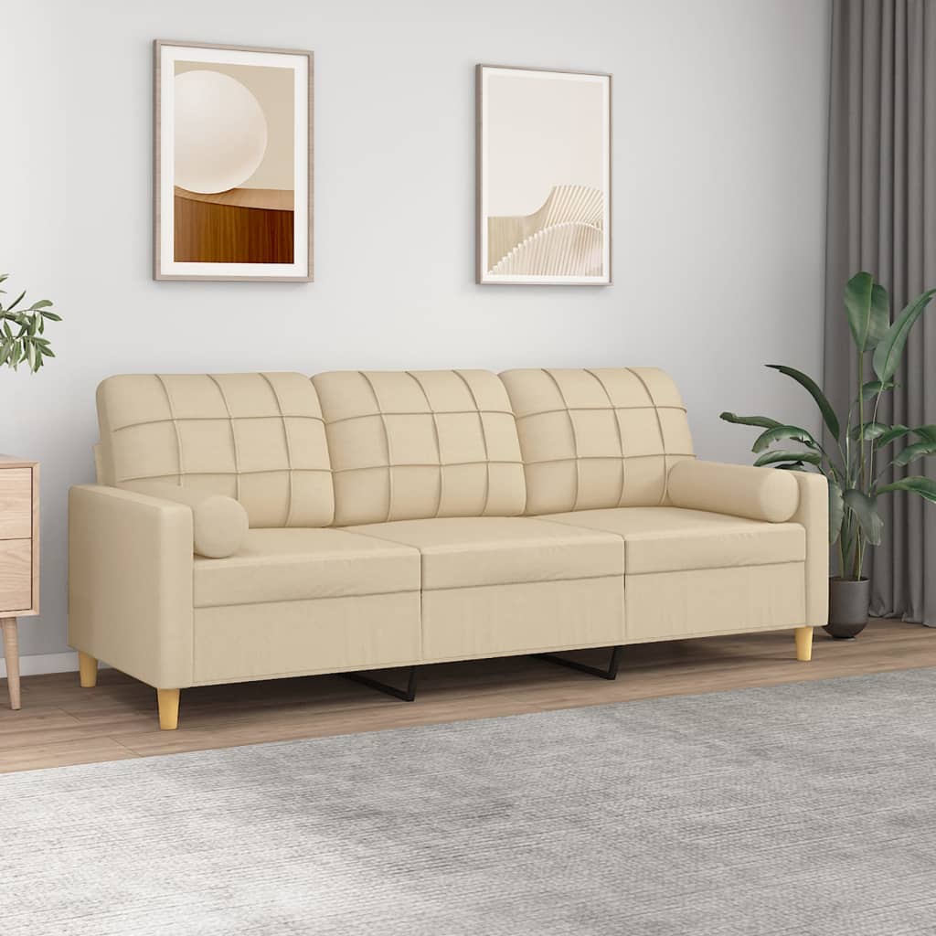 3-seater sofa + decorative cushions 180 cm cream-colored fabric