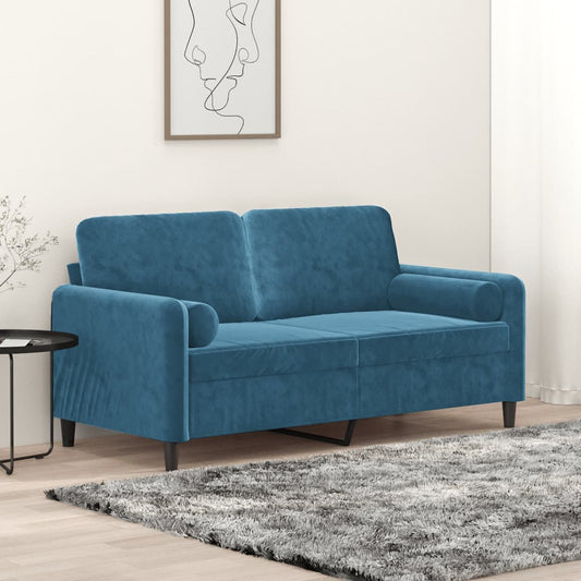 2-seater sofa with decorative cushions 140 cm blue velvet