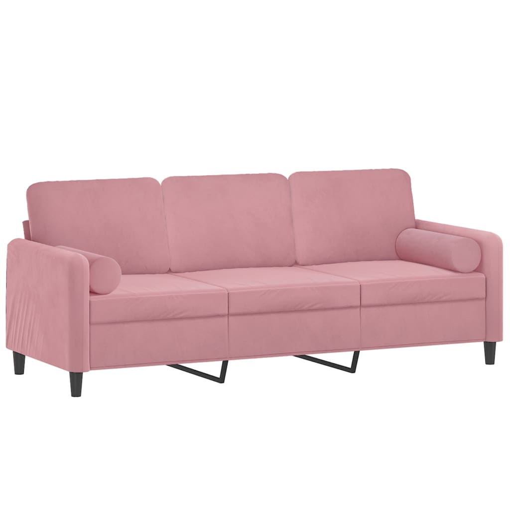 Sofá 3 lugares c/ almofadas decorativas 180 cm veludo rosa