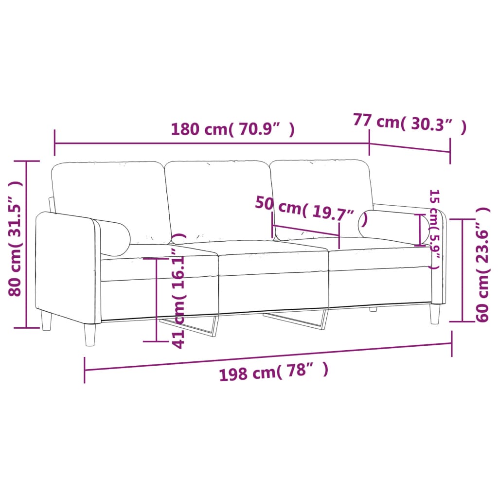 3-seater sofa + 180cm decorative cushions in red velvet