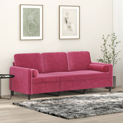 3-seater sofa + 180cm decorative cushions in red velvet