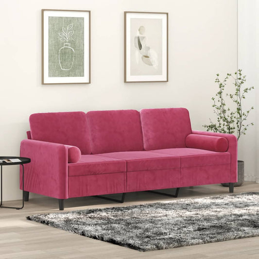 3-seater sofa + 180cm decorative cushions in red velvet