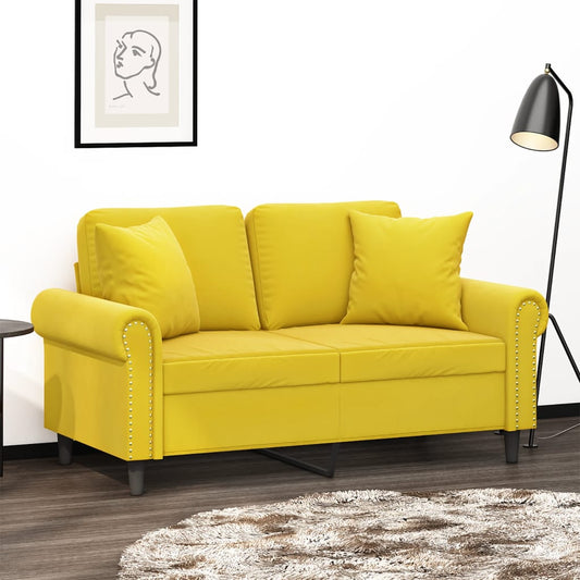 2-seater sofa with decorative cushions 120 cm yellow velvet