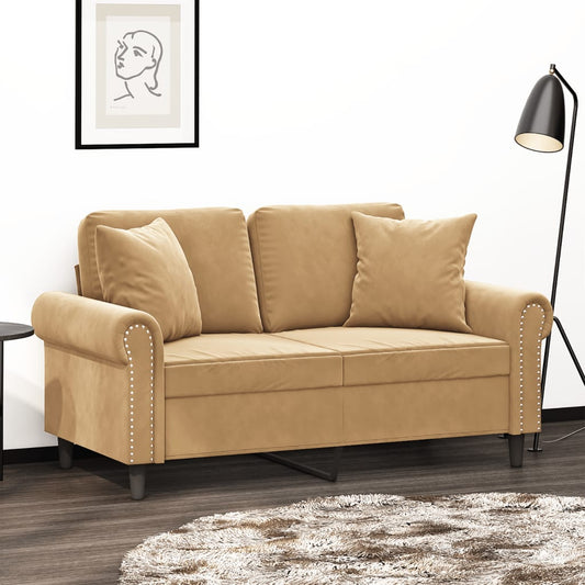 2-seater sofa with decorative cushions 120 cm brown velvet
