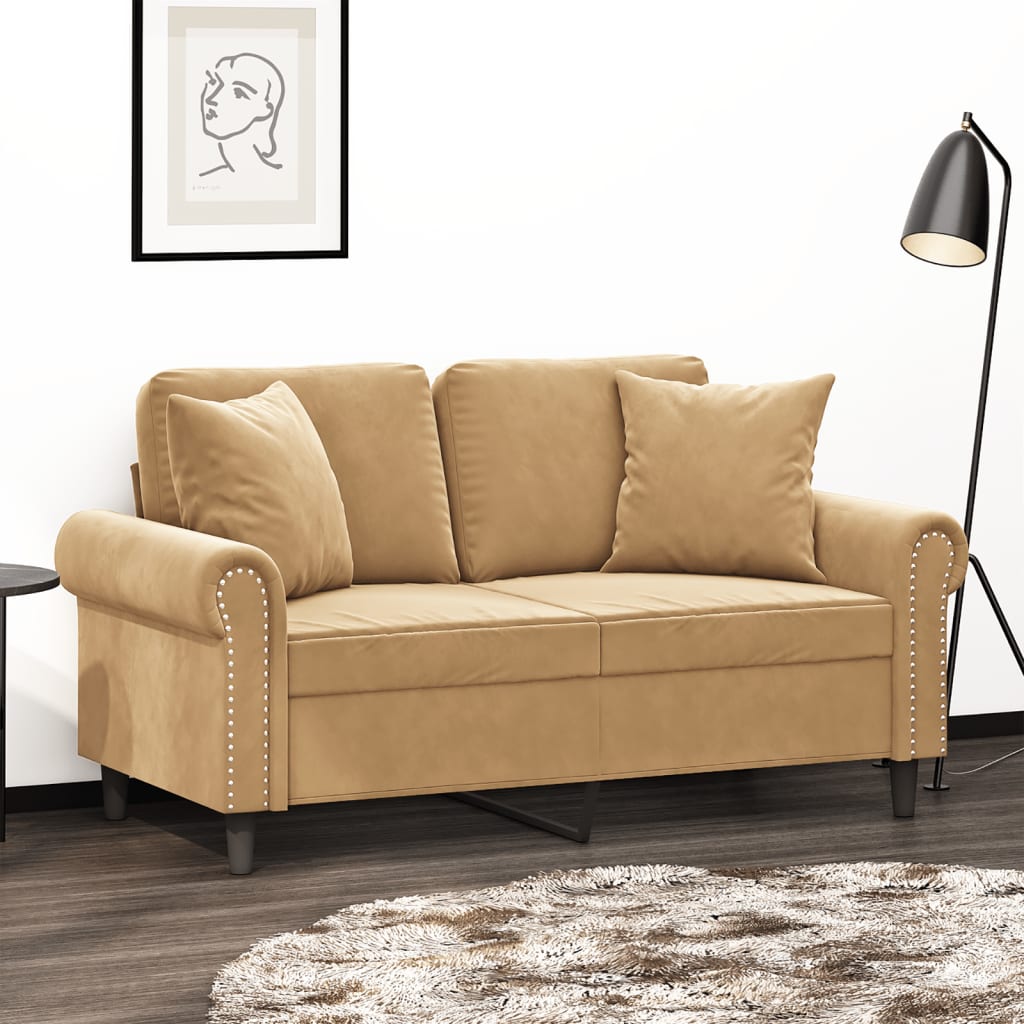 2-seater sofa with decorative cushions 120 cm brown velvet