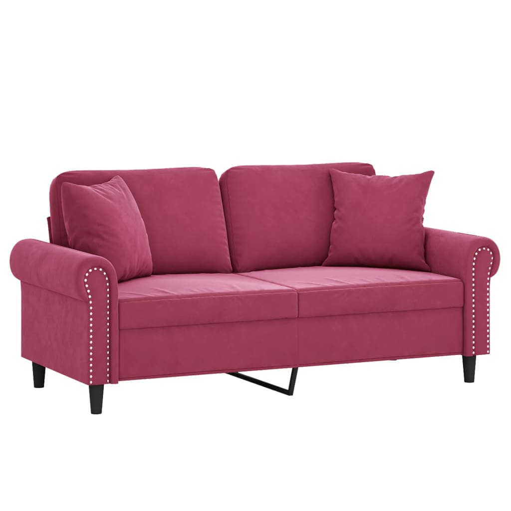 2-seater sofa + decorative cushions 140cm in red velvet