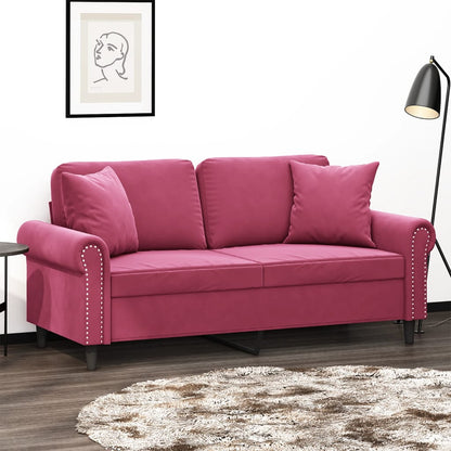 2-seater sofa + decorative cushions 140cm in red velvet