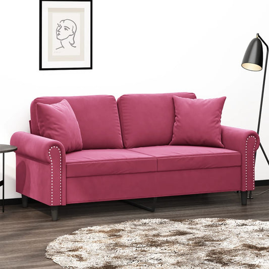2-seater sofa + decorative cushions 140cm in red velvet