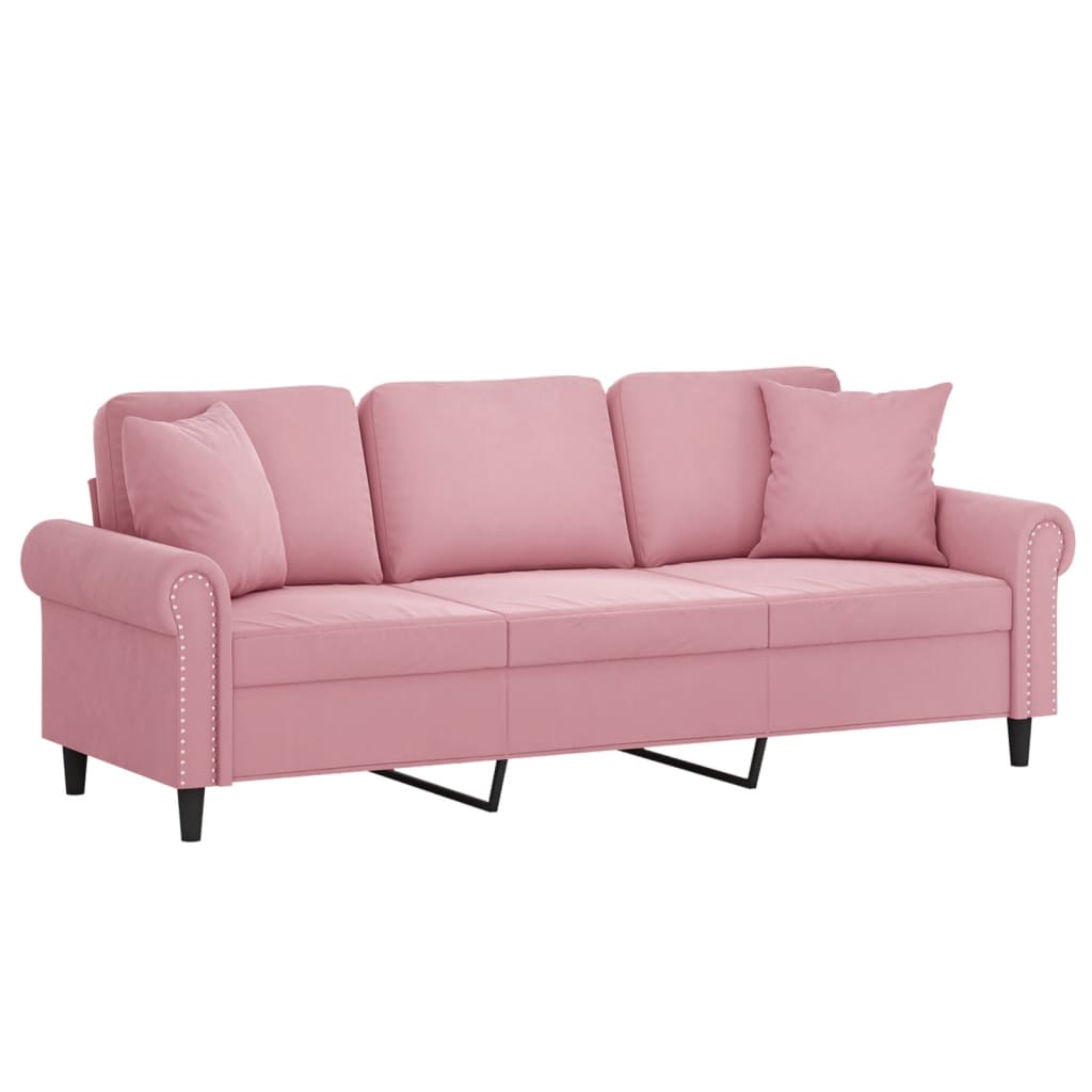 Sofá 3 lugares c/ almofadas decorativas 180 cm veludo rosa