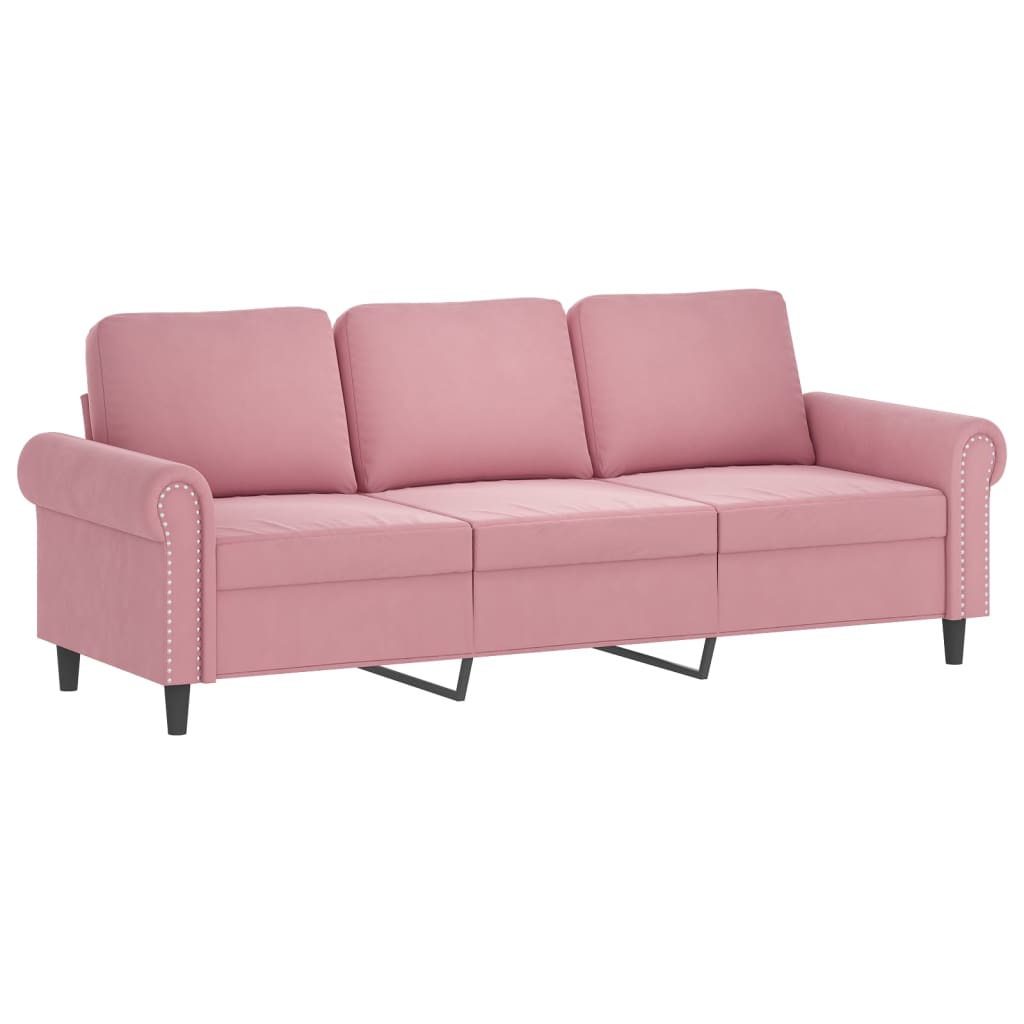 Sofá 3 lugares c/ almofadas decorativas 180 cm veludo rosa