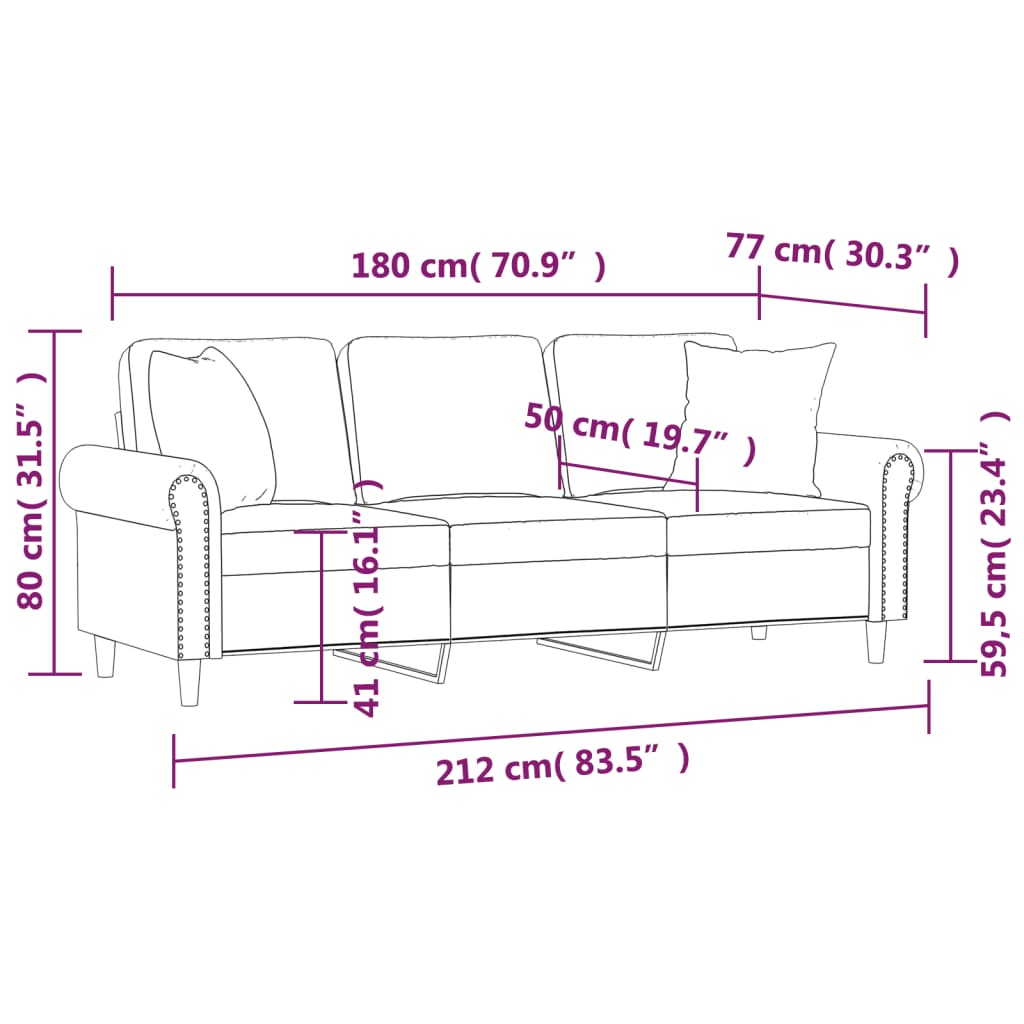 Sofá 3 lugares c/ almofadas decorativas 180 cm veludo rosa