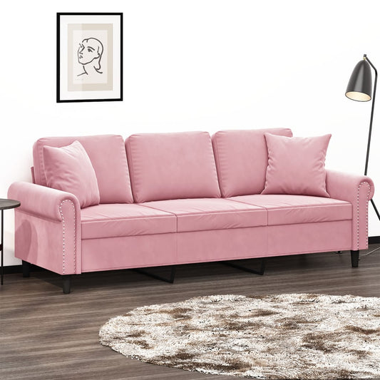 Sofá 3 lugares c/ almofadas decorativas 180 cm veludo rosa