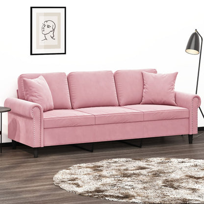 Sofá 3 lugares c/ almofadas decorativas 180 cm veludo rosa