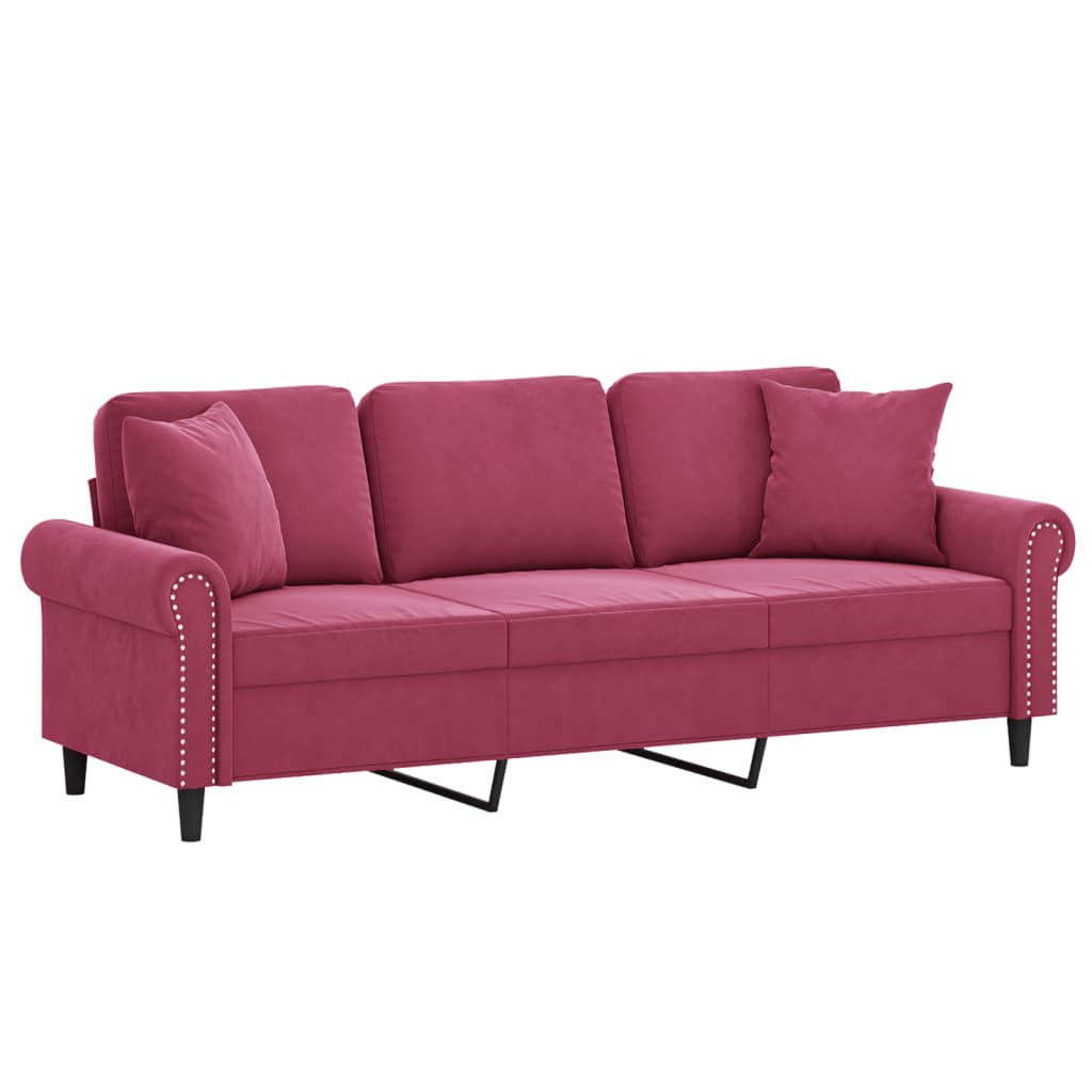 Sofá 3 lug. + almofadas decorativas 180cm veludo vermelho tinto