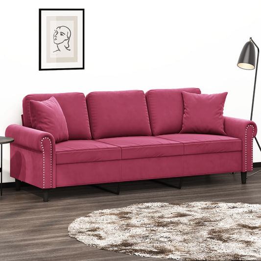 Sofá 3 lug. + almofadas decorativas 180cm veludo vermelho tinto