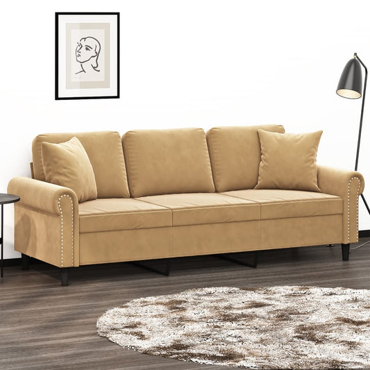 Sofá 3 lugares c/ almofadas decorativas 180 cm veludo castanho